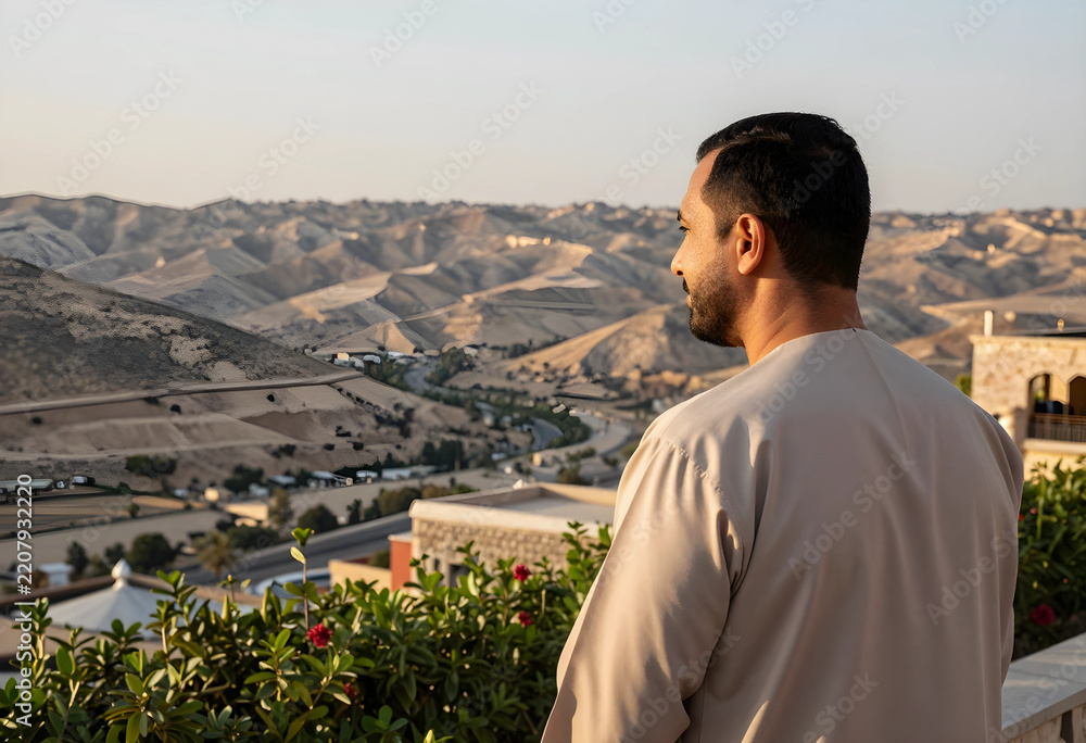 Fototapeta premium Future vision and leadership, man in traditional clothing looking at desert landscape and urban development during sunset for growth and success