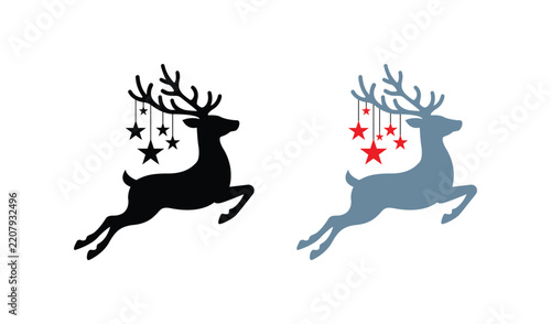 Set of two jumping reindeer silhouettes with hanging stars, festive christmas design elements vector