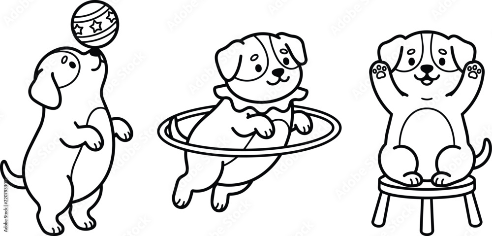 Fototapeta premium Playful puppies balancing a patterned ball, floating in a ring, and sitting on a stool in black and white line art
