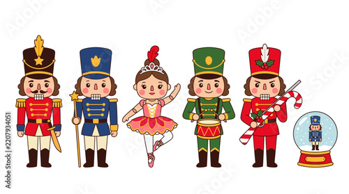 Cute Nutcracker Soldier Character Set Flat Vector Illustration