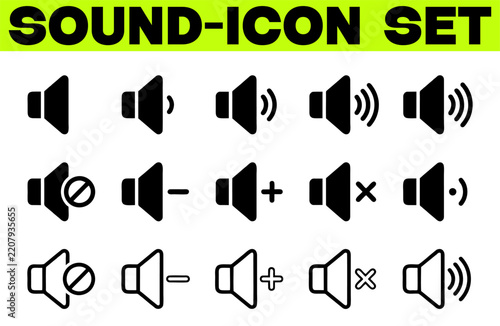 Sound icons set, vector isolated sound volume up, down or mute control collection, sound volume control symbol, audio voices icon, black flat style 