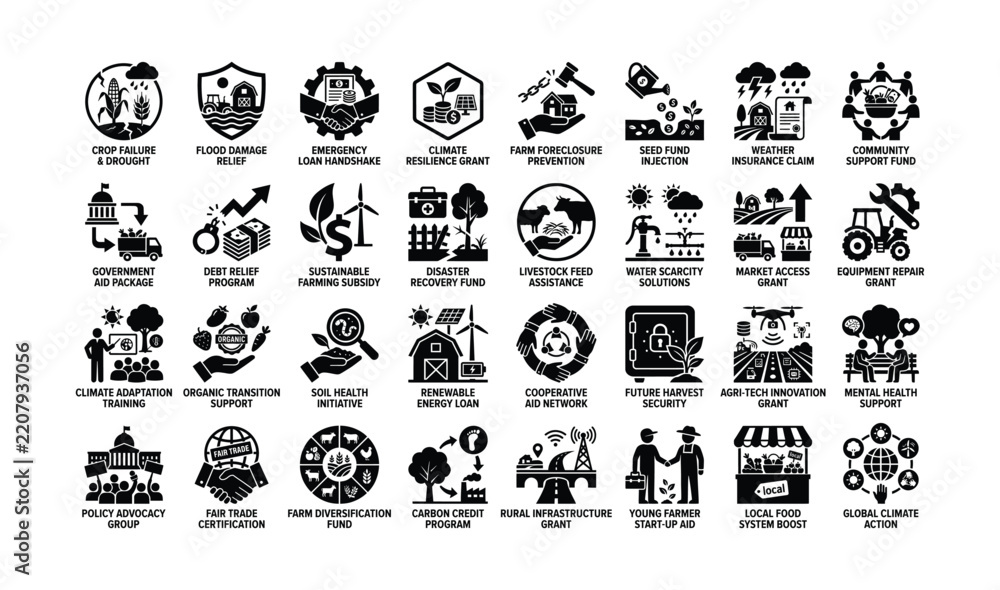 Obraz premium Black Glyph Icons Illustrating Agricultural Disaster Relief Crop Insurance Claims Emergency Handshakes And Farming Subsidies