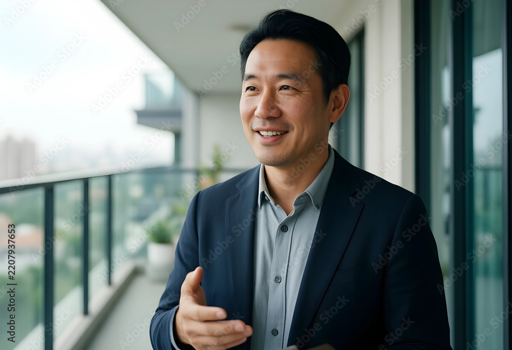 Fototapeta premium Professional networking and corporate leadership, smiling asian businessman talking on office balcony during a break in a modern urban environment