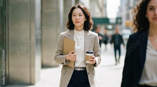 Generative AI, Confident Asian businesswoman walking on city street with documents and coffee