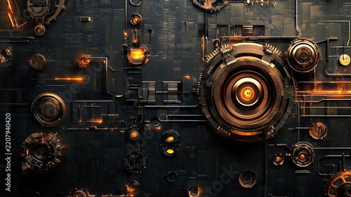 Detailed mechanical futuristic circuit board background with glowing orange lights and circular gear components.