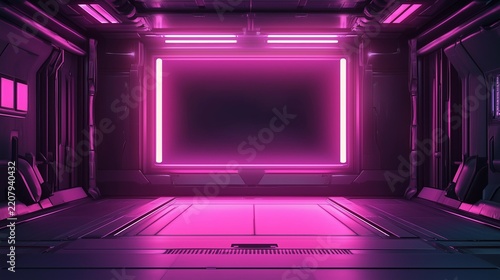 Empty futuristic studio room with bright pink neon light frame background for product display.