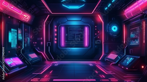Futuristic spaceship interior control room with glowing neon pink and blue digital screen monitors.