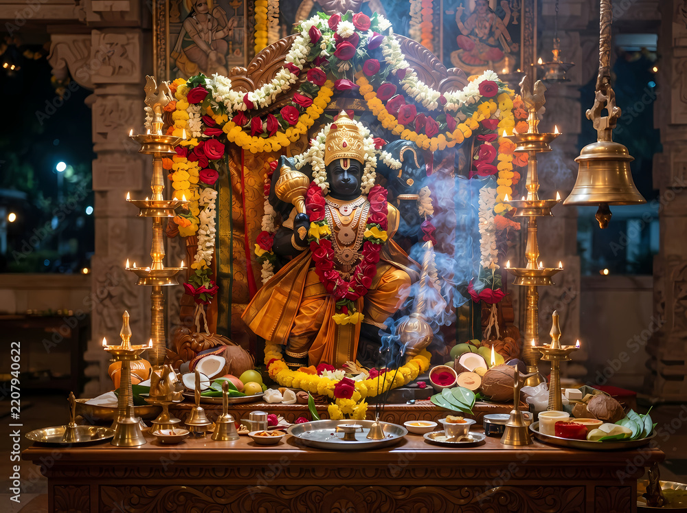 Fototapeta premium Hanuman Jayanti idol decorated with flowers and oil lamps at a Hindu temple