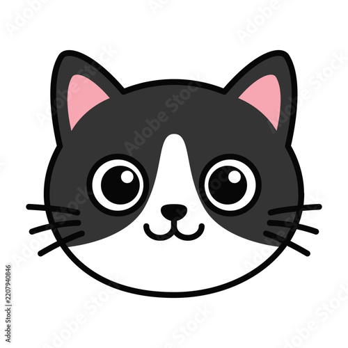 Cute Tuxedo / Black & White Cat face avatar vector. Ideal for stickers, icons, pet shop branding, children books, and social media graphics.