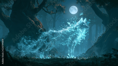 Wolf-shaped forest spirit made of mist and glowing leaves, standing between ancient trees under a full moon