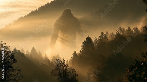 Giant translucent forest spirit appearing between misty mountain trees at sunrise, rays of golden light passing through its body