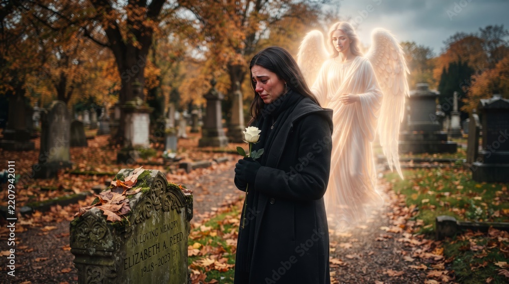 Obraz premium Grieving woman holding a white rose beside a gravestone as an angel stands behind her. Christian faith and Catholic remembrance. Bereavement, mourning, spiritual comfort and memorial tribute