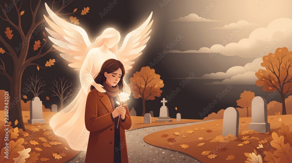 Obraz premium Woman holding a flower beside a guardian angel in an autumn cemetery. Catholic faith and spiritual comfort. Grief, bereavement and remembrance. Memorial prayer and afterlife concept.