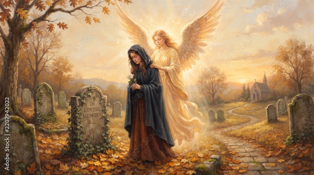 Obraz premium Grieving woman holding a white rose beside angel in autumn cemetery. Christian faith and comfort. Catholic remembrance and bereavement. Memorial, mourning and spiritual hope.