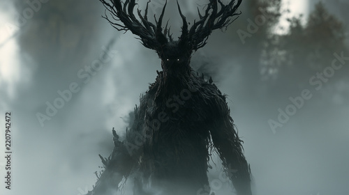 Dark forest spirit with antlers and black bark-covered skin, emerging from dense fog, eerie glowing eyes