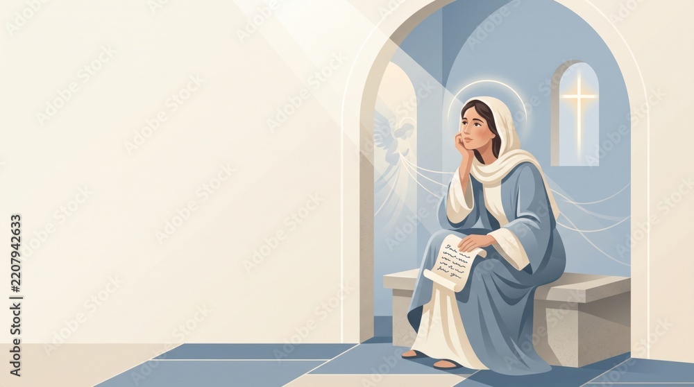 Obraz premium Virgin Mary seated with a scroll as an angel appears in a church interior. Annunciation of Jesus Christ in Christian tradition. Catholic faith and biblical illustration. Religious banner