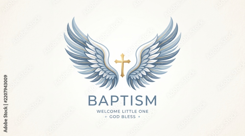 Obraz premium Baptism greeting graphic with golden cross and blue angel wings. Christian baptism and Catholic faith. Newborn blessing and church celebration. Religious invitation card design.