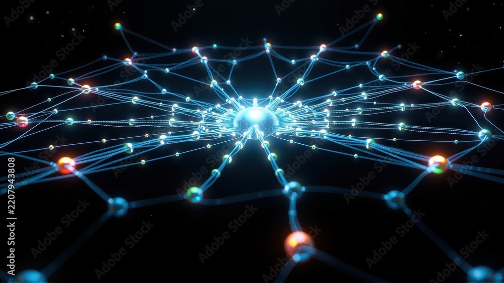 Obraz premium Bright network radiates from central point. Lines connect numerous colorful nodes against dark background. Futuristic, complex system.