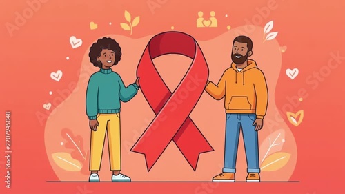 Red awareness ribbon with people in flat vector animation