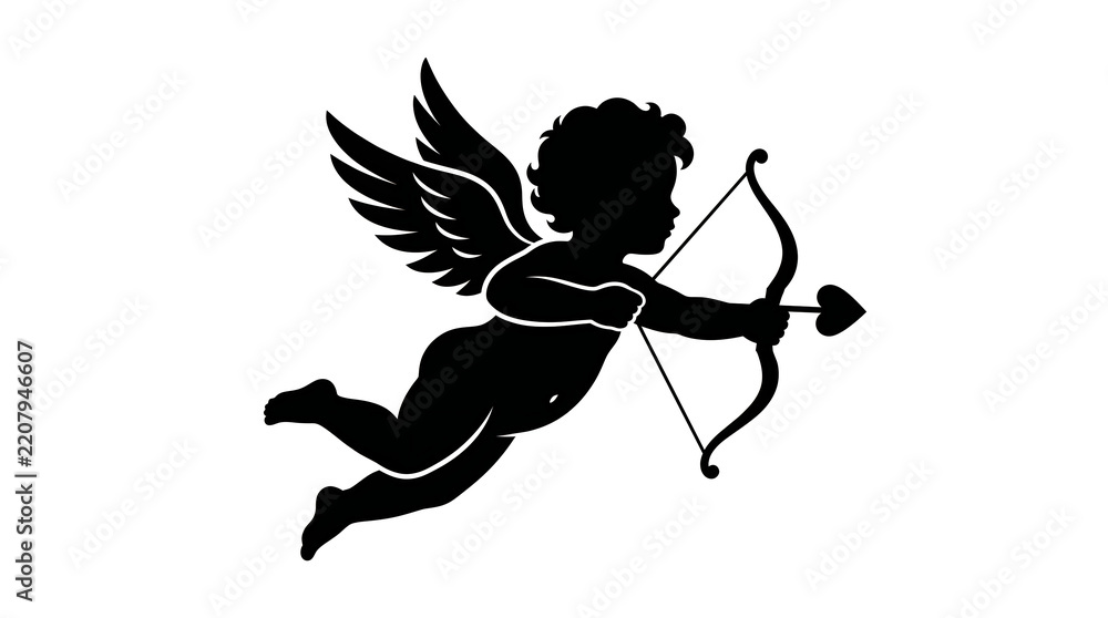 Fototapeta premium Valentine Day cupid silhouette with bow and arrow on white background