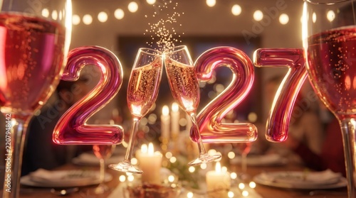 Burgundy glass 2027 numbers toast beside a candlelit New Year dinner table