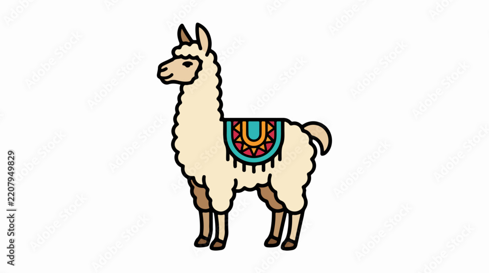 Fototapeta premium White llama with colorful patterned saddle blanket.
