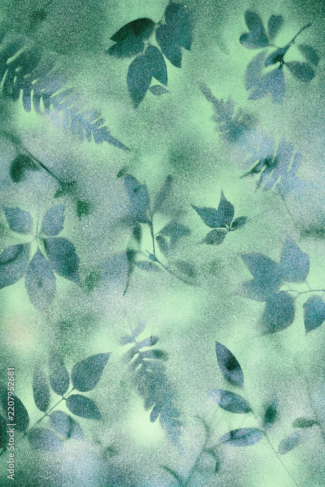Obraz premium Handmade botanical art print on sage green paper, with misty leaf silhouettes and soft airbrush grain. Drops into a minimal wellness and spa brand identity composition with copy space.