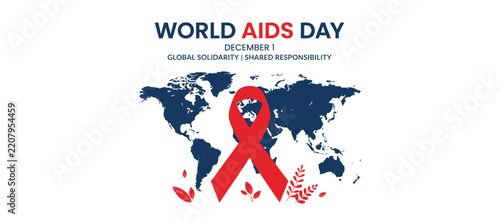 World aids day concept with red awareness ribbon and global world map background