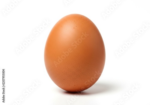 Single fresh brown chicken egg standing upright isolated on white background