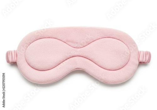 Soft pink plush sleep mask with elastic strap for comfortable rest and travel isolated on white