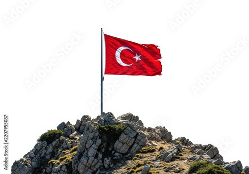 Turkish flag waving on rocky mountain peak isolated on white background