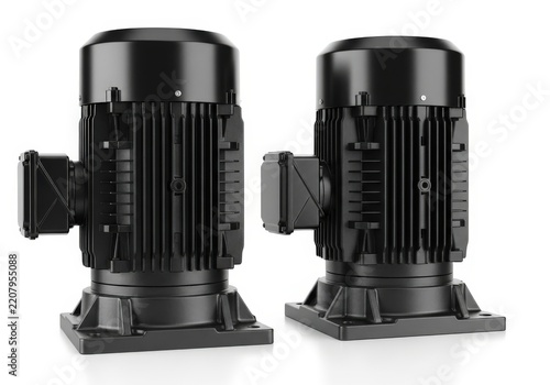 Two black industrial electric motors with cooling fins isolated on white background