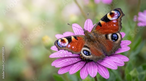 Peacock butterfly resting on purple flower with water droplets