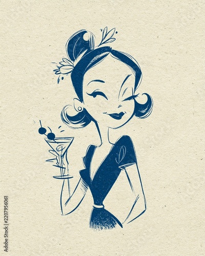 Vintage Blue Ink Sketch of Elegant Woman Holding Cocktail Glass Retro Illustration Style Concept