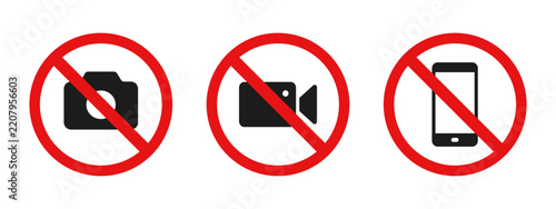 Prohibited symbol. No photography and video recording icons.  Signs prohibiting no photo, no video, don't use phone. Vector illustration.