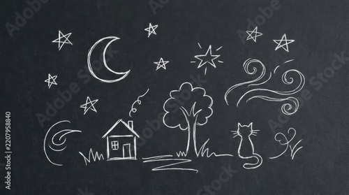 Night landscape chalk drawings on black chalkboard
