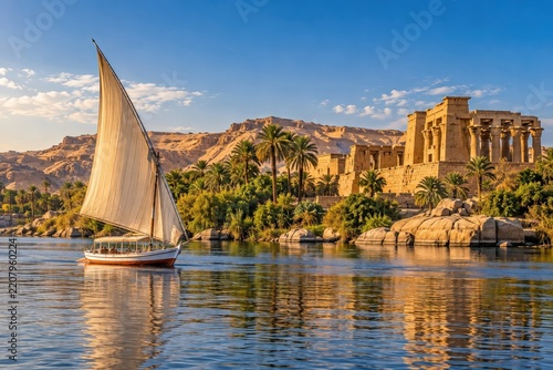 Traditional white sailboat crosses a calm blue Egyptian river beside sandstone temple ruins and palm trees in daylight