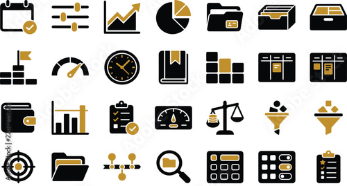 Financial Planning and Payment Control Black Golden Solid Icon Collection with Transaction Tracking Expense Management Account Organization Spending Review and Payment Schedule Symbols for Business