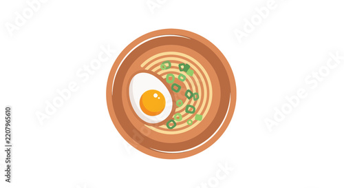 Top view illustration of traditional ramen noodle soup with a perfectly cooked soft-boiled egg and fresh green onions in a bowl.