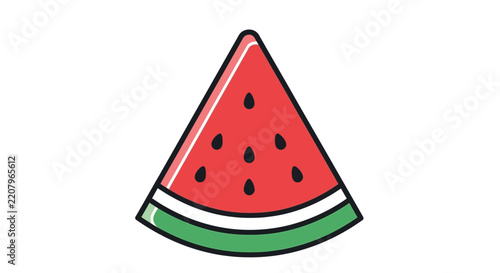 Vibrant vector illustration of a refreshing watermelon slice. Juicy red fruit with black seeds and green rind for summer.