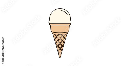 Simple vanilla ice cream cone vector illustration. A single scoop of sweet frozen dessert in a waffle cone, perfect for summer.