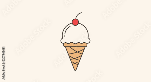 Sweet vanilla ice cream cone illustration with a cherry on top. Minimalist dessert flat design vector for summer treat.