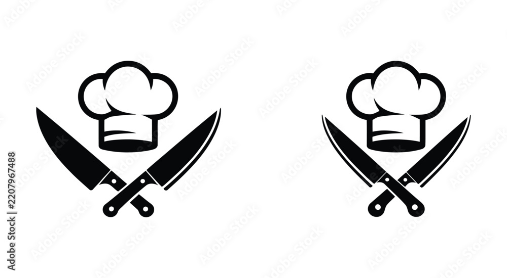 Fototapeta premium Chef Knives with crossed blades and cooking hat symbols in a culinary emblem design, representing chefs, professional kitchens, gastronomy, food preparation, culinary skills, and restaurant branding.
