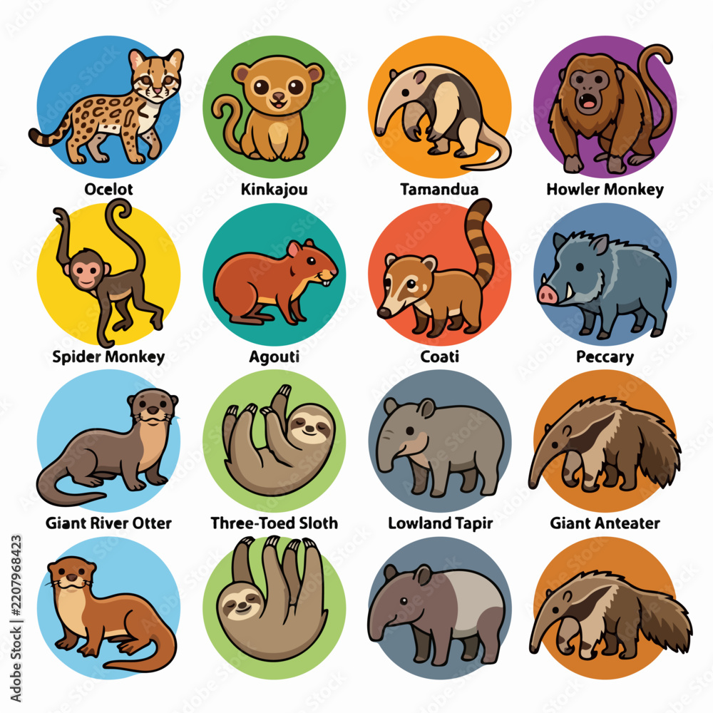 Obraz premium Set of cute cartoon South American jungle animal icons.
