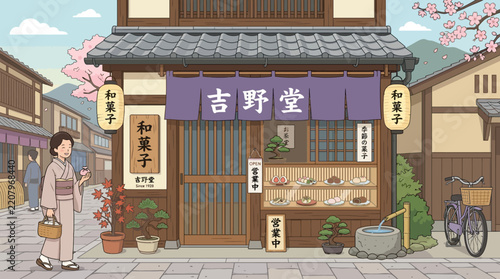 Traditional Japanese sweets shop storefront with lanterns and sakura