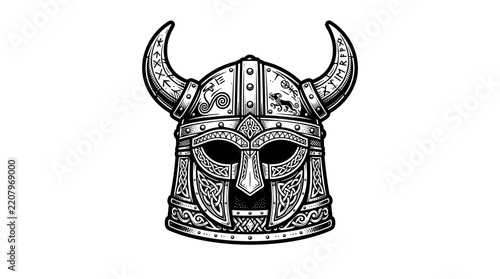 Ornate Viking Helmet with Horns and Intricate Designs.