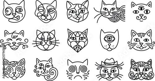 Abstract Abstract Cat Face Line Art Vector Set Featuring Surreal Cubic Faces and Quirky One Eye Feline Heads for Modern Groovy Graphic Designs