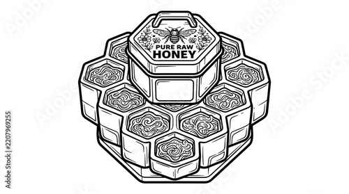 Pure Raw Honey in Hexagonal Honeycomb Container with Bee Illustration.