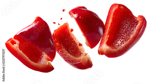 Red bell pepper slices flying in the air