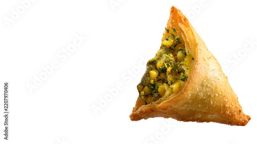 A golden crispy triangular indian samosa on white background